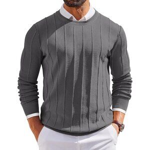 Mens Crew Neck Sweater Long Sleeve Ribbed Knit Slim Fit Pullover Dark Gray Dress